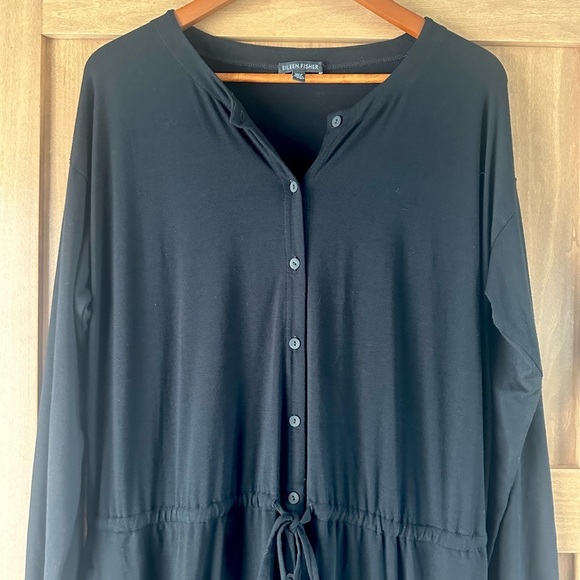 Eileen Fisher Black Jersey Button-Front Drawstring Waist Dress Large​​ - Picture 7 of 14